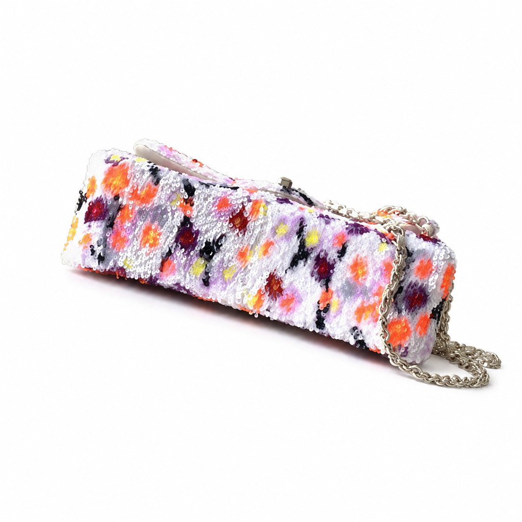 Chanel White Sequin Impressionist Floral Flap Bag | Coral, Pink & Lavender Clusters, Light Gold CC & White Leather Chain