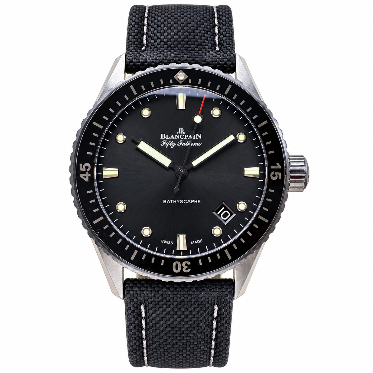 Blancpain Fifty Fathoms Bathyscaphe black dial stainless steel with date window and anthracite canvas strap