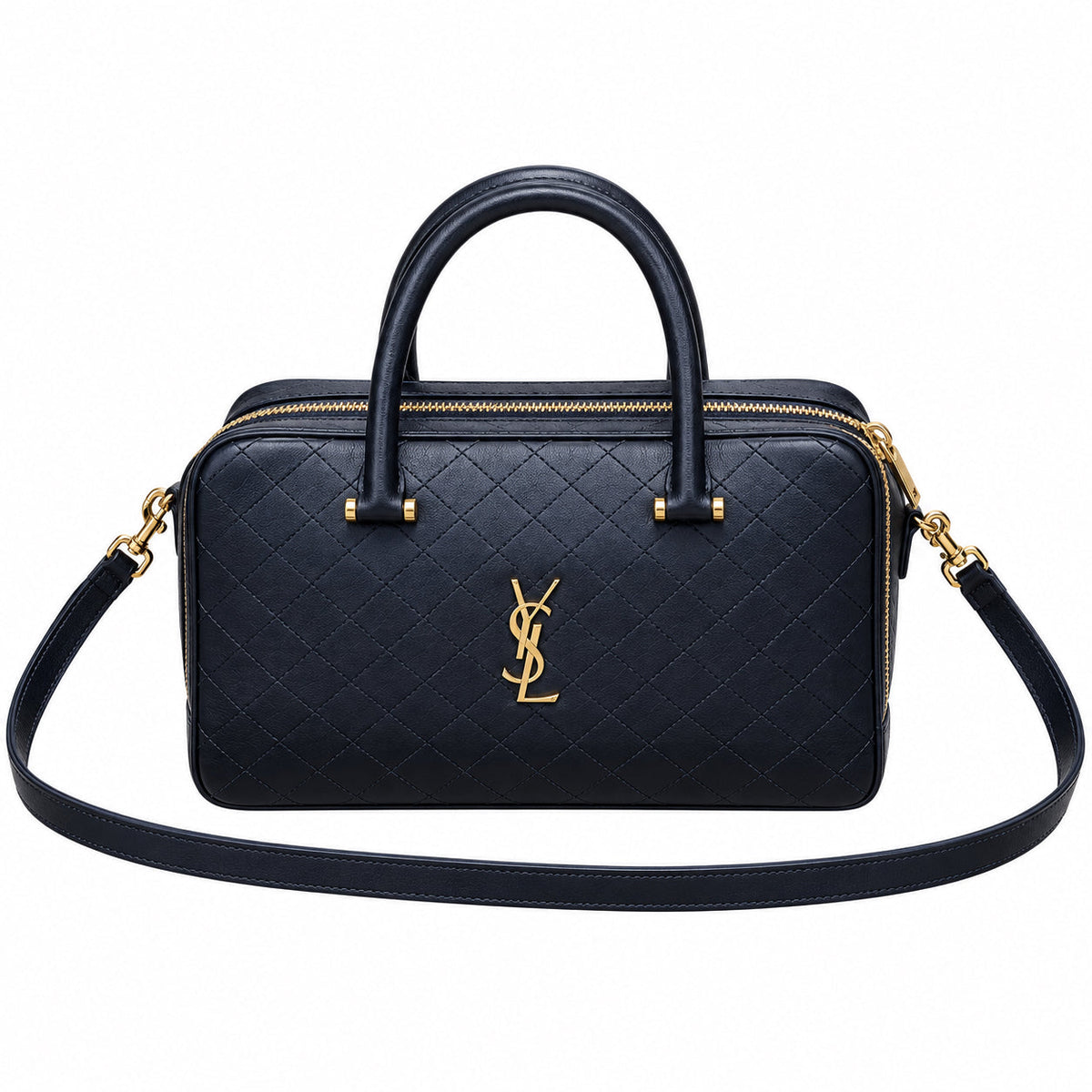 Saint Laurent YSL diamond quilted Boston top handle bag in navy blue calfskin leather with gold hardware and crossbody strap