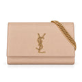 Saint Laurent YSL Kate chain wallet on chain in nude blush pink smooth calfskin leather with oversized antique gold YSL monogram magnetic flap and fine gold curb chain
