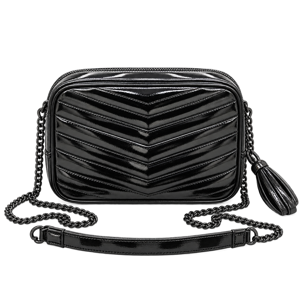 Saint Laurent YSL Lou Camera Bag in All Black Patent Leather with Chevron Quilting Matte Black Chain and Tassel