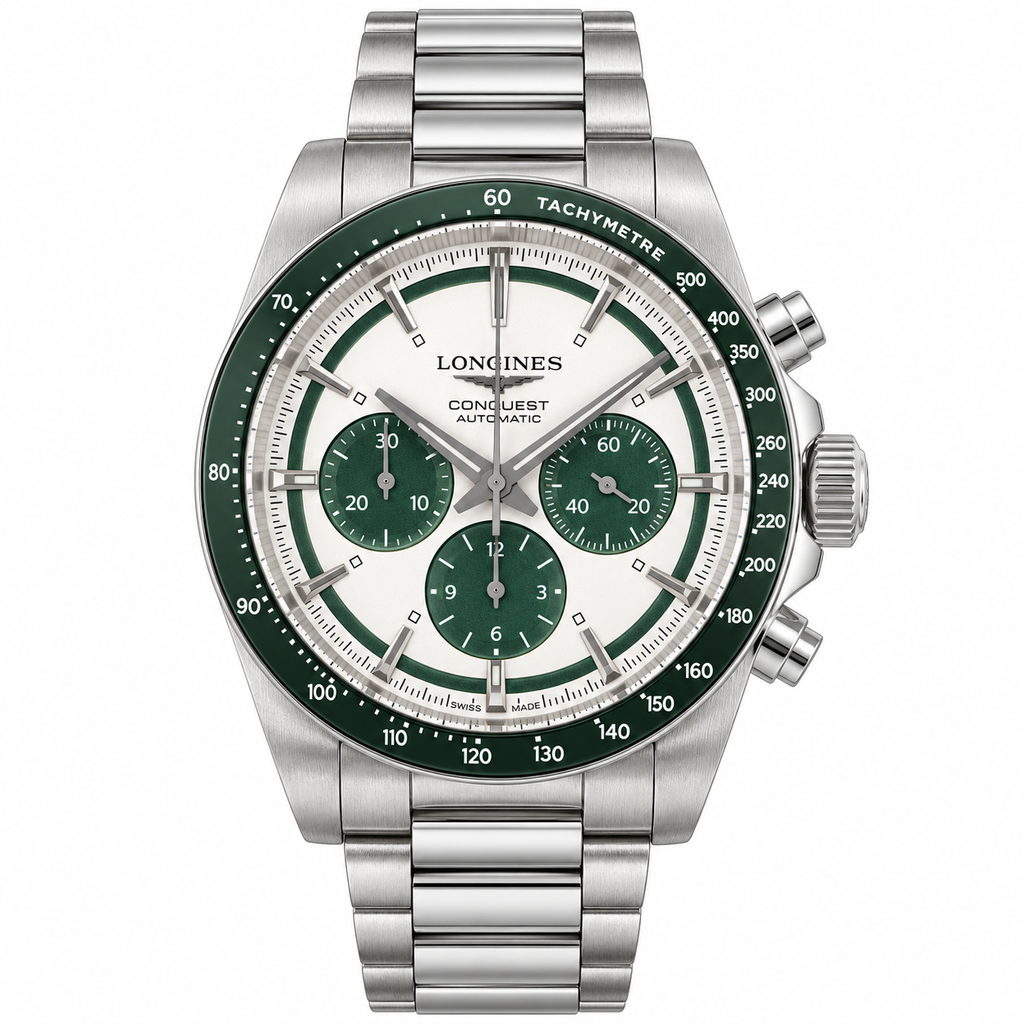 Longines Conquest Automatic Chronograph White Dial Green Bezel Steel Bracelet