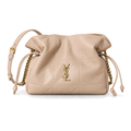 YSL Bouquet Drawstring Bag in beige diamond-quilted leather with gold YSL monogram, chain straps and adjustable shoulder strap, front view