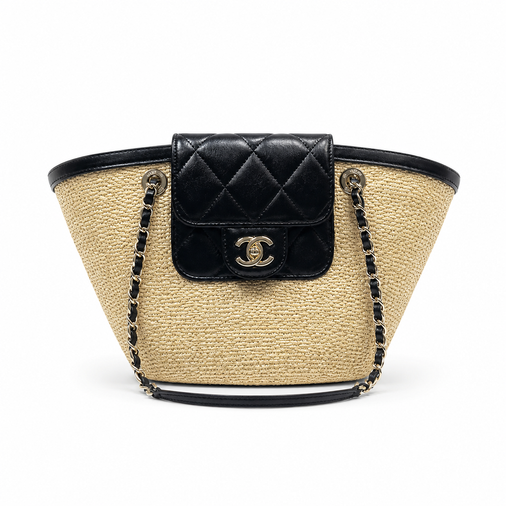 Chanel Small Basket Bag Natural Raffia & Black Quilted Lambskin | Silver CC Turn-Lock — 41cm