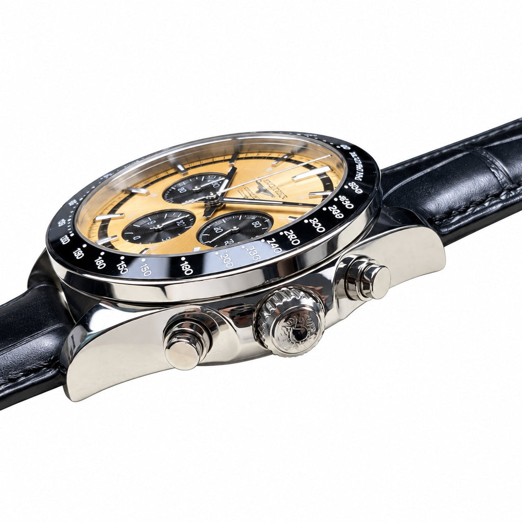 Longines Conquest Chronograph – Champagne Dial Black Bezel Leather Strap