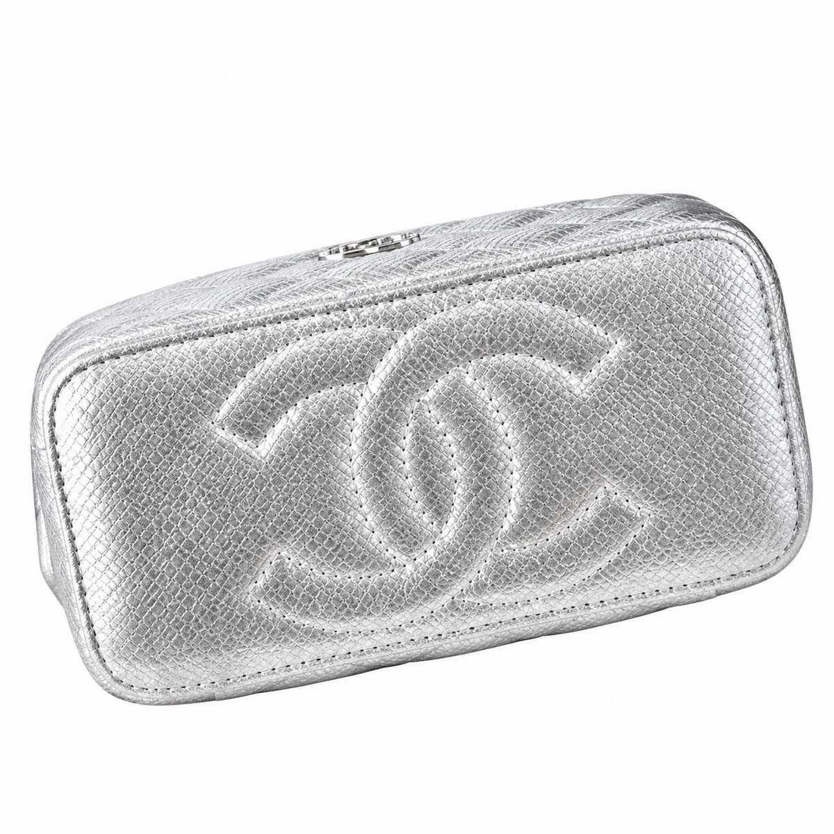 Chanel CC Embossed Metallic Caviar Vanity Case Silver 17cm