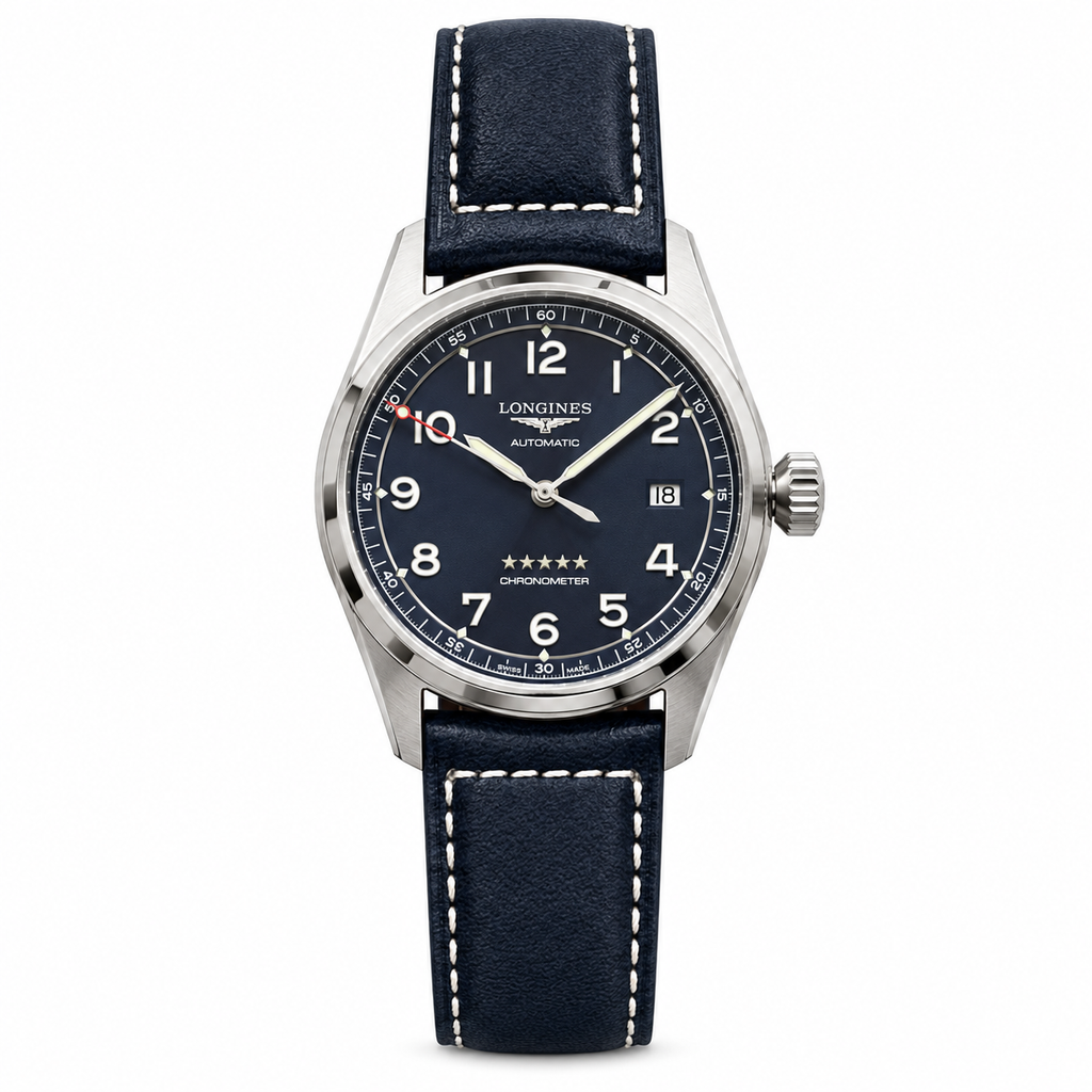Longines Spirit midnight blue dial red seconds hand navy blue leather strap COSC chronometer automatic pilot watch