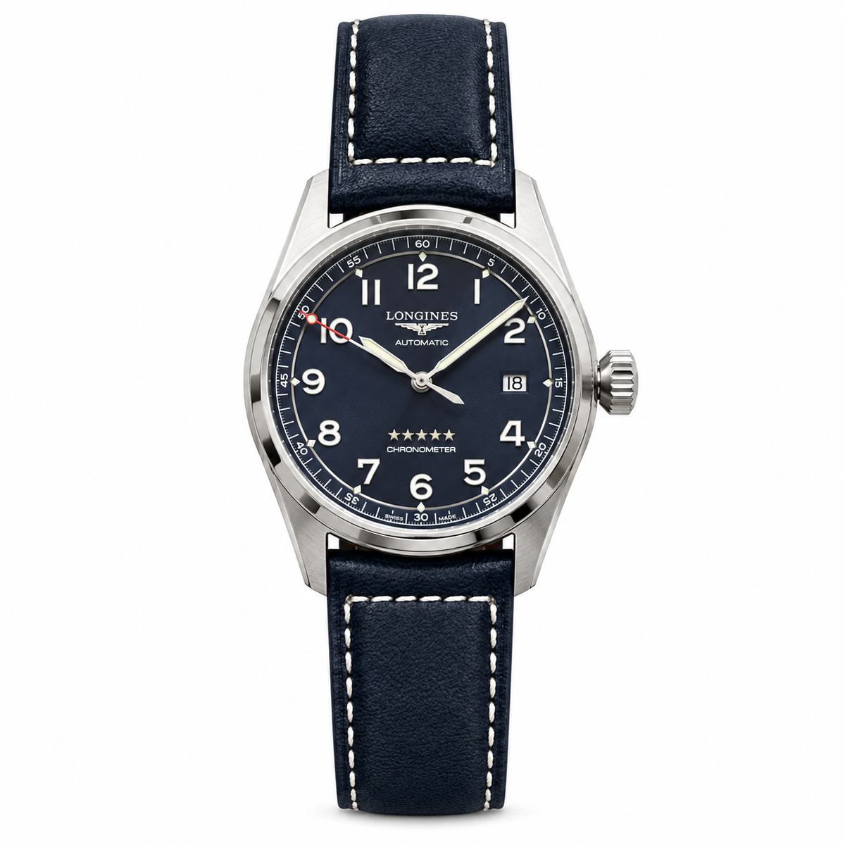 Longines Spirit midnight blue dial red seconds hand navy blue leather strap COSC chronometer automatic pilot watch