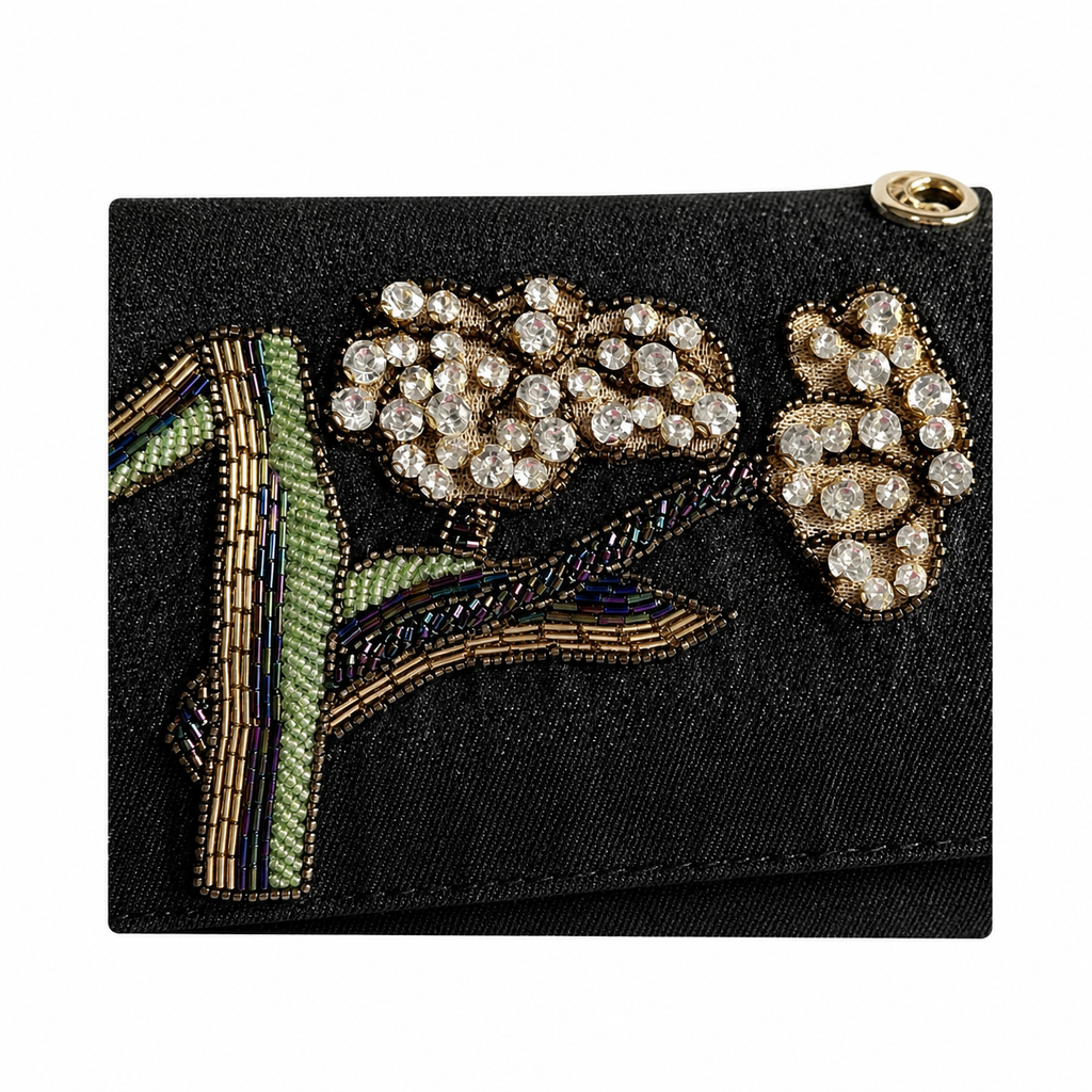 Chanel Dark Denim Medium Flap | Hand-Embroidered Crystal Flowers & Antique Gold CC — 25.5cm