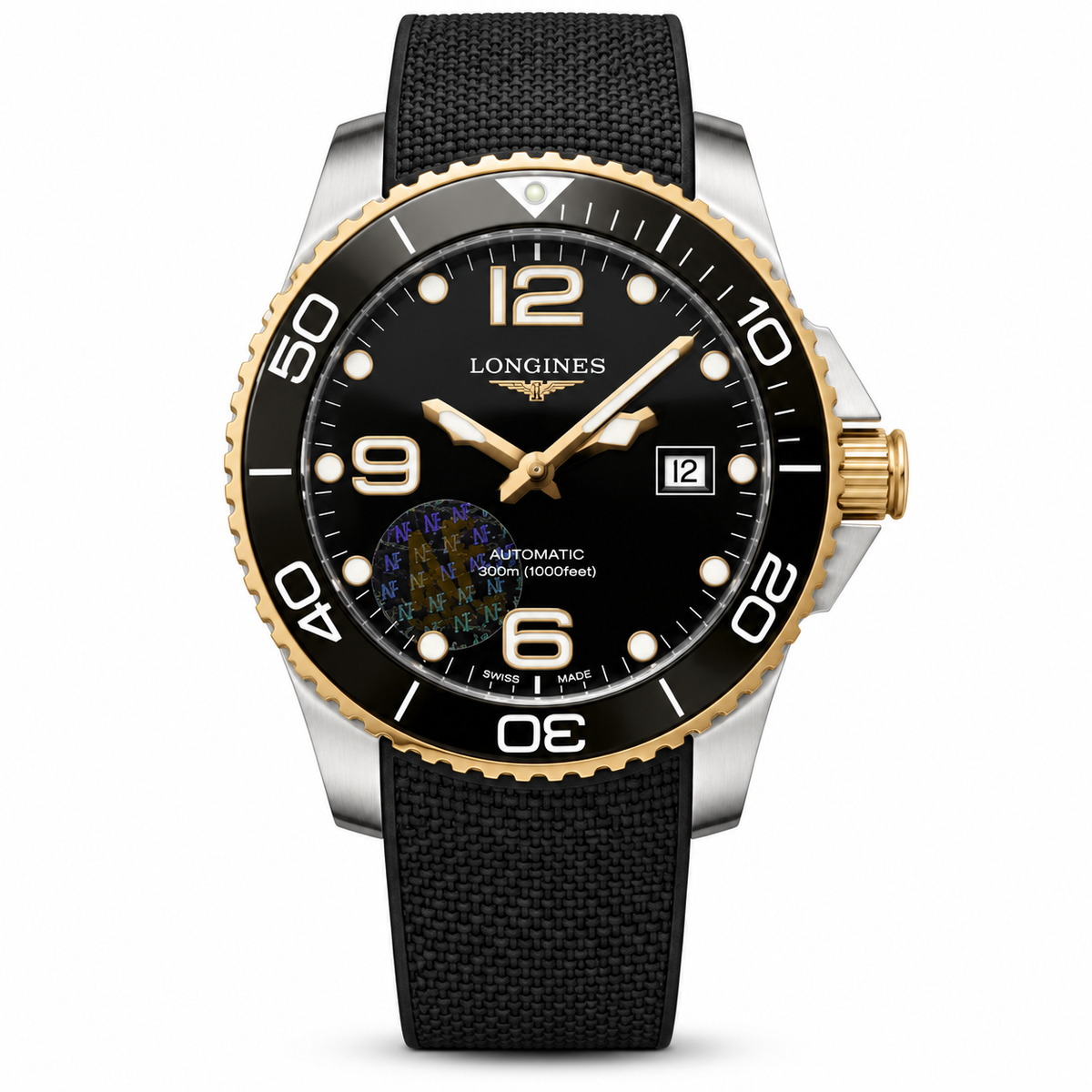 Longines HydroConquest automatic dive watch with black ceramic gold bezel and black rubber strap