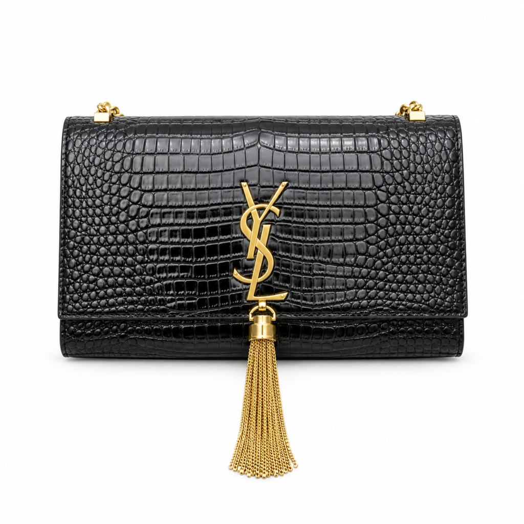 YSL Saint Laurent Kate Chain Bag in Black Croc-Embossed Leather with Tassel