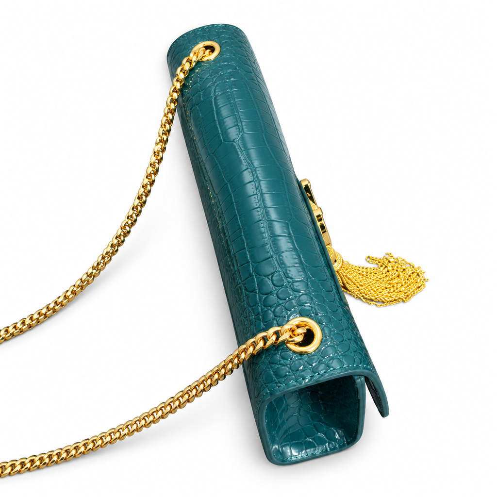 YSL Kate Tassel Chain Bag – Teal Croc-Embossed Leather