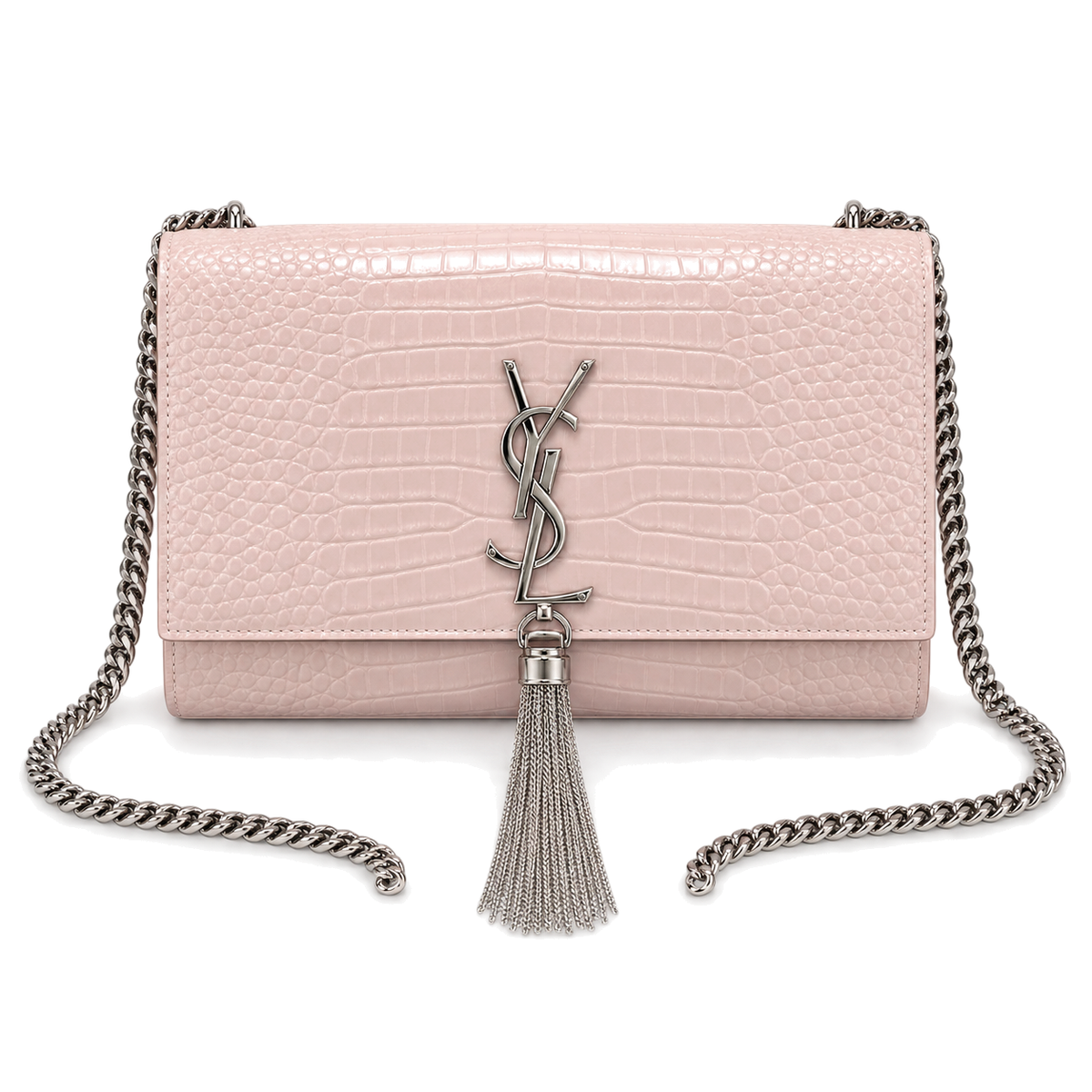 Saint Laurent Kate Medium Tassel crossbody bag in blush pink crocodile-embossed leather with silver YSL monogram and chain tassel