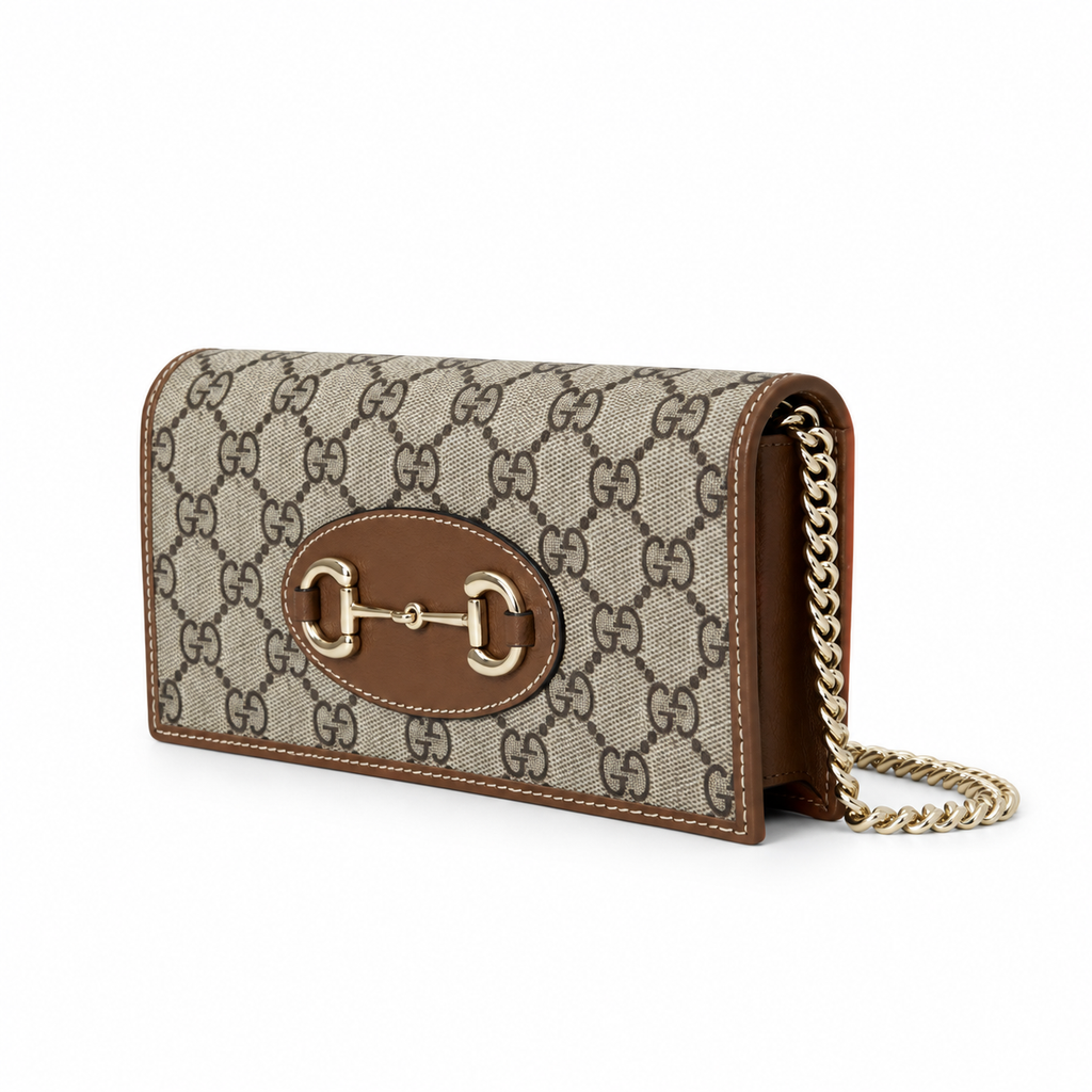 Gucci Horsebit 1955 Chain Wallet in GG Supreme Canvas with Brown Leather Trim