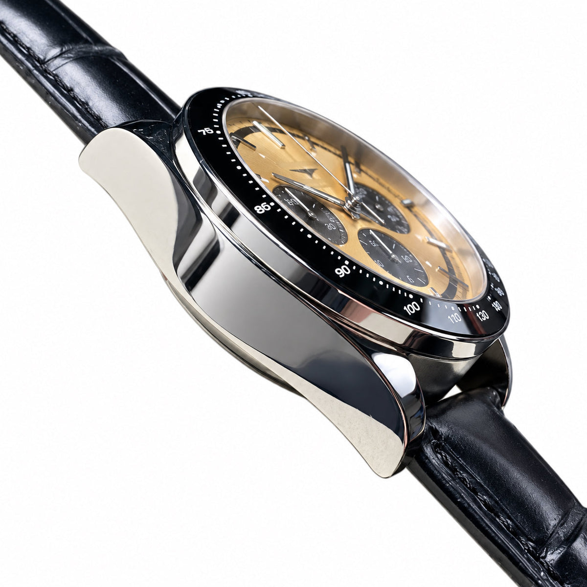 Longines Conquest Chronograph – Champagne Dial Black Bezel Leather Strap