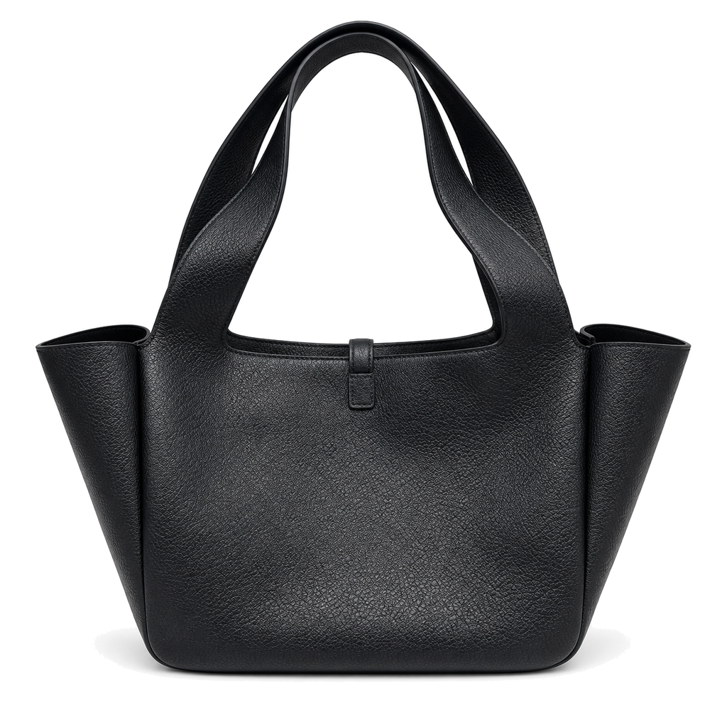 Saint Laurent YSL Bea large tote bag in black grained calfskin leather with double top handles and structured winged silhouette