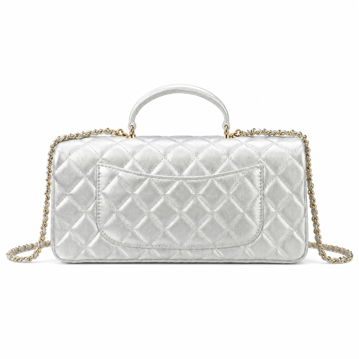 Chanel Mirror Silver Quilted Classic Flap | Top Handle & Back Exterior Pocket — 25cm