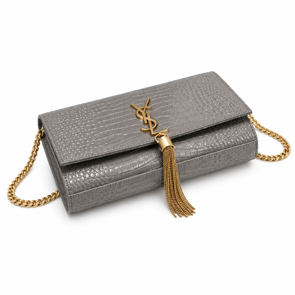 Saint Laurent YSL Kate Tassel Bag – Grey Croc Gold