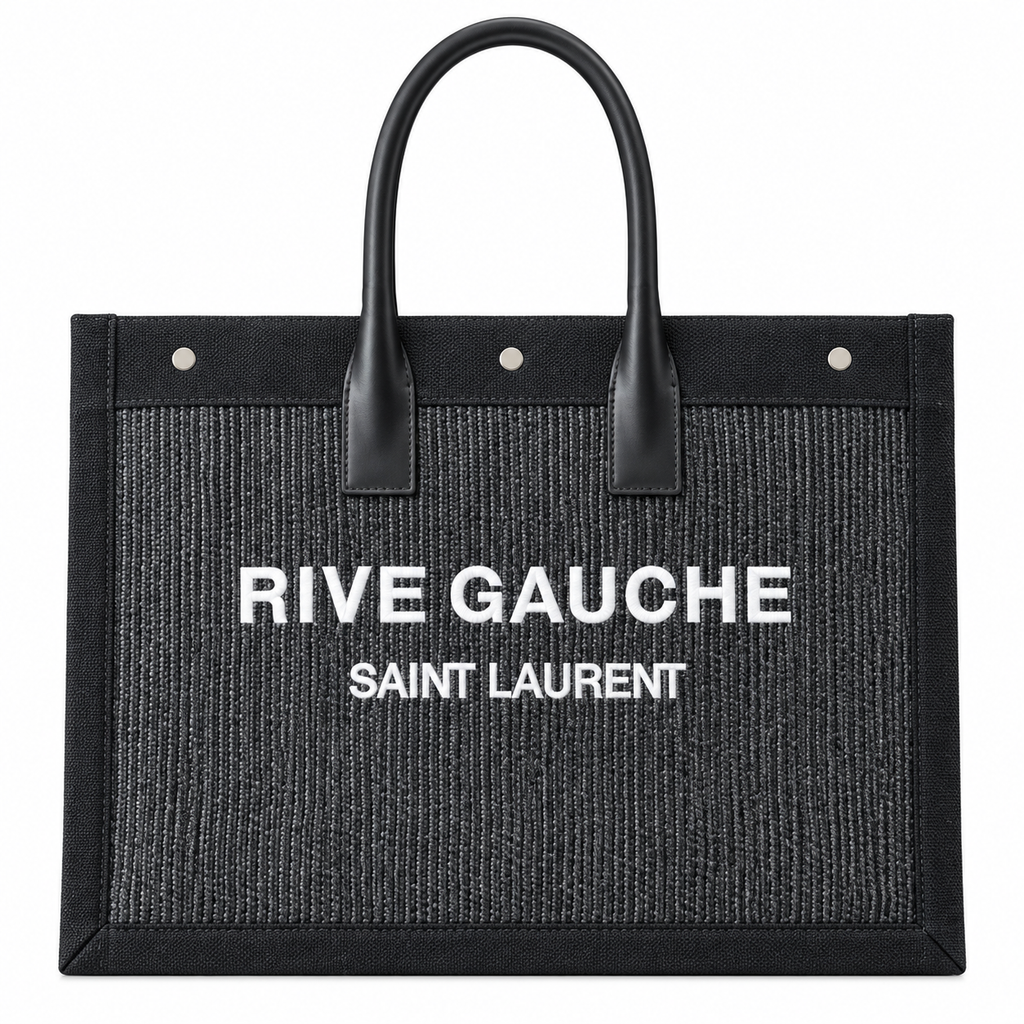 Saint Laurent Rive Gauche Large Tote Bag in Black Striped Canvas with Smooth Black Leather Trim Bold Logo Embroidery and Silver Stud Details