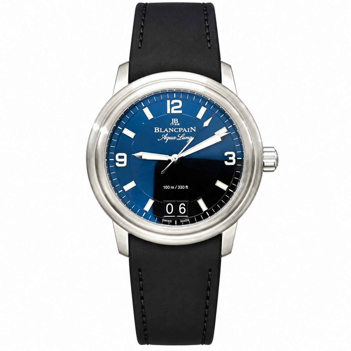 Blancpain Aqua Lung two-tone navy blue black dial large jump date stainless steel stepped bezel black rubber strap automatic sport watch