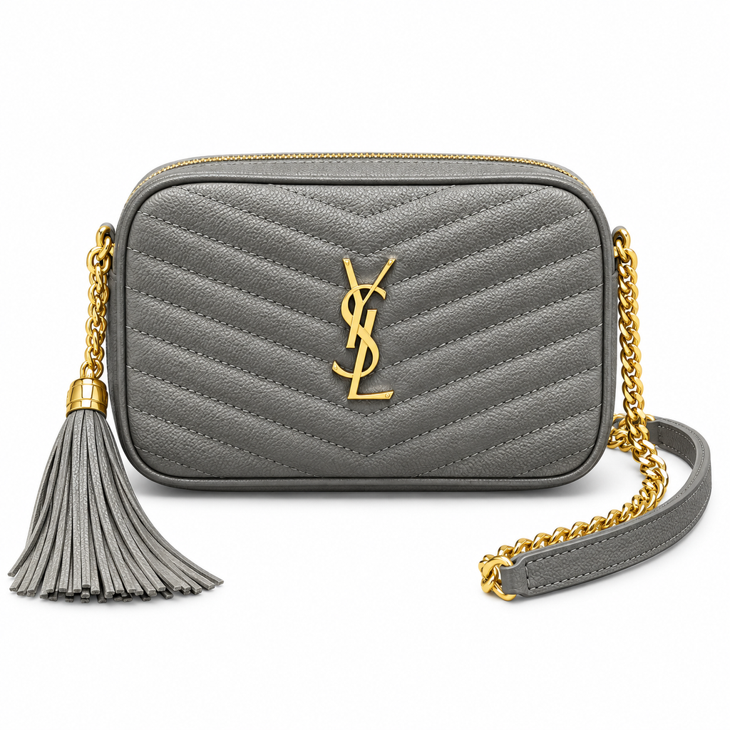 Saint Laurent YSL Lou Mini Camera Bag in Grey Grained Leather with Gold YSL Monogram Chevron Quilting Tassel and Gold Chain Strap