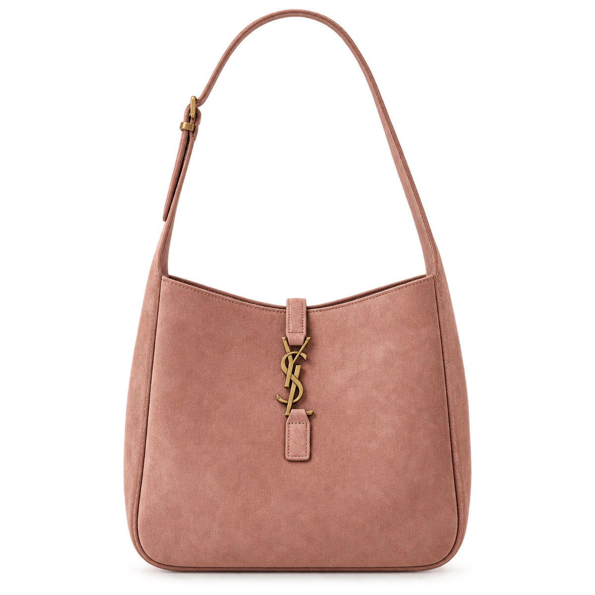 Saint Laurent YSL Le 5 à 7 Hobo Bag in Dusty Rose Blush Pink Suede with Aged Bronze YSL Toggle Closure and Adjustable Leather Shoulder Strap