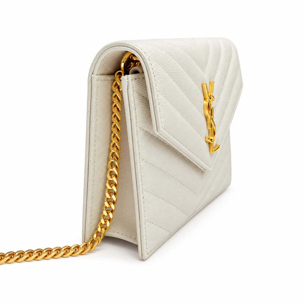 YSL Saint Laurent Envelope Chain Wallet in Cream Matelassé Leather
