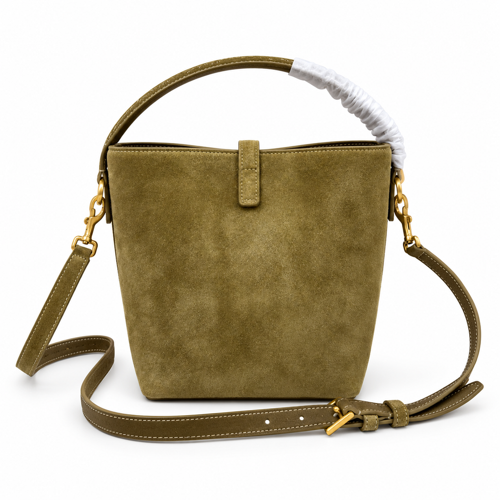 YSL Saint Laurent Suzanne Bucket Bag Olive Suede Gold Hardware Curved Handle Crossbody Strap