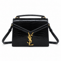 YSL Cassandra Bag Black Croc Embossed Patent Leather Gold Top Handle Saint Laurent