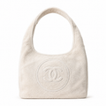 Chanel Ivory White Terry Cloth Hobo Bag & Zip Pouch Set | Tonal CC & Appliqué CC