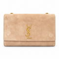 Saint Laurent YSL Kate medium chain crossbody bag in sand nude beige suede calfskin with oversized gold YSL monogram and gold curb chain strap