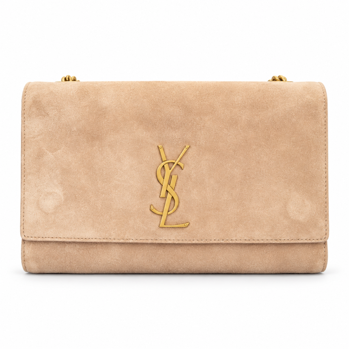 Saint Laurent YSL Kate medium chain crossbody bag in sand nude beige suede calfskin with oversized gold YSL monogram and gold curb chain strap