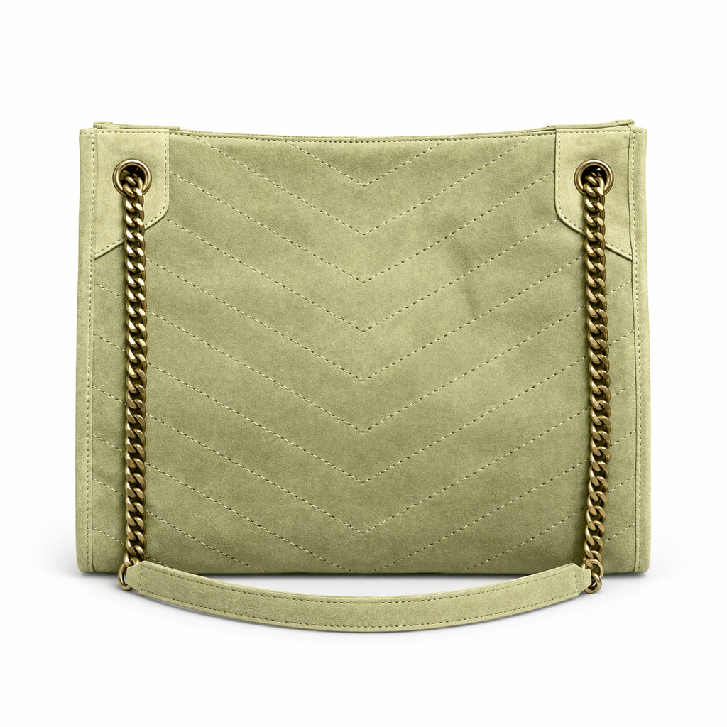 YSL Niki Chevron Quilted Suede Tote Bag Light Green