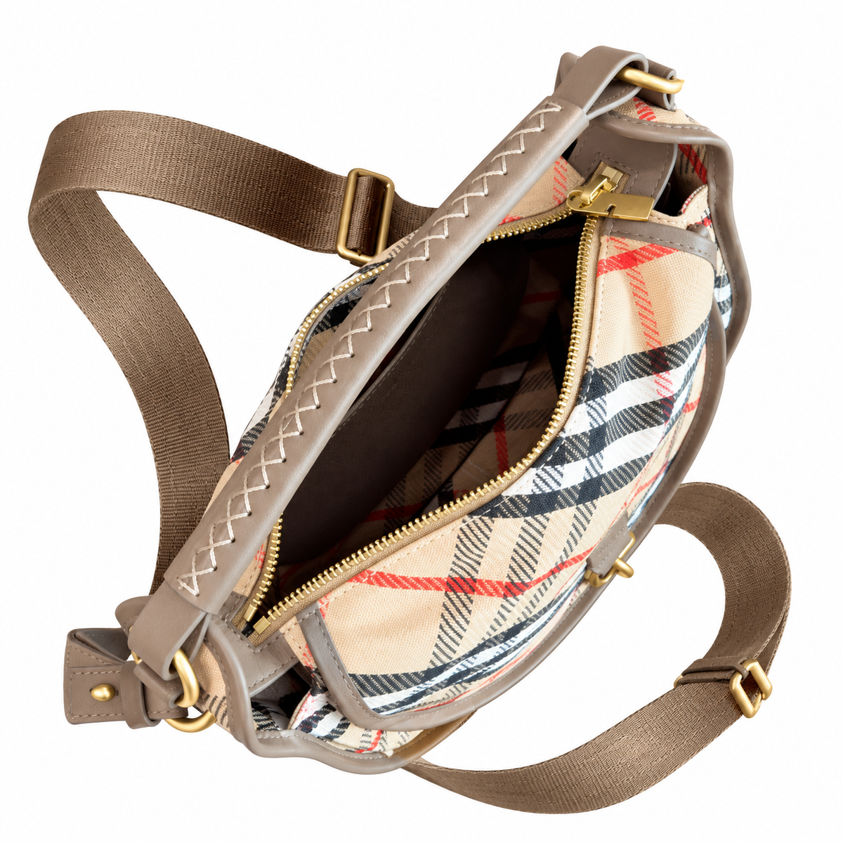 Burberry Heritage Check Saddle Bag with Taupe Trim