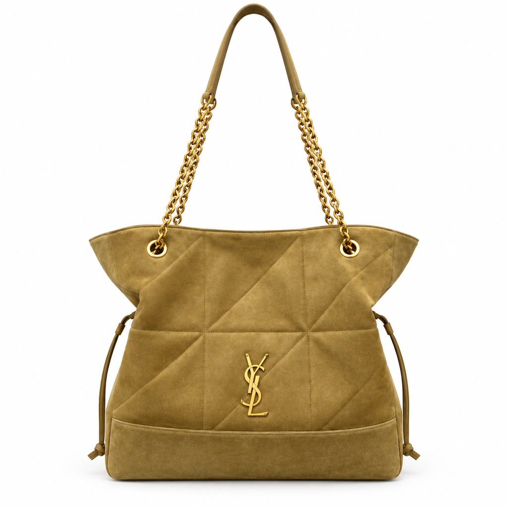 YSL Saint Laurent Bougeoir Drawstring Tote Sand Quilted Suede Gold YSL Monogram Double Chain Straps Side Drawstring
