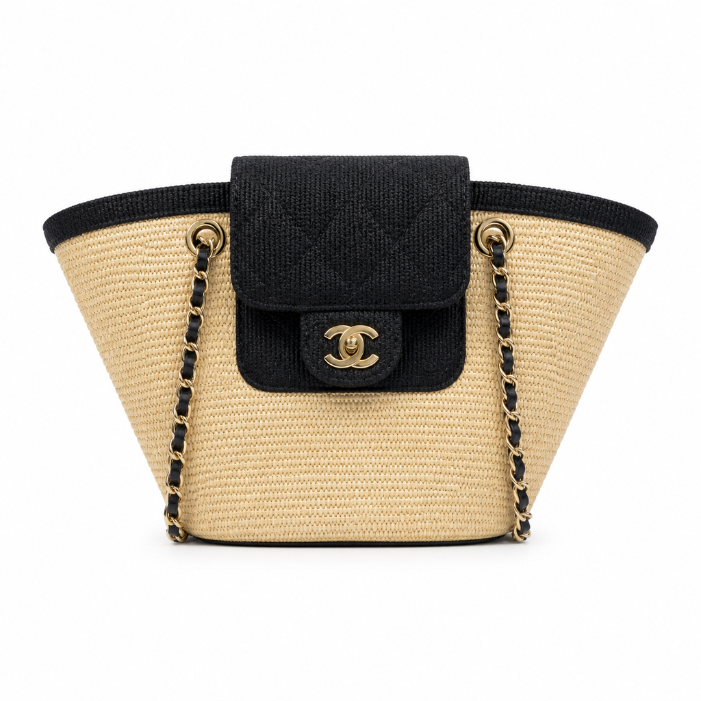 Chanel Small Basket Bag Natural Raffia & Black Grosgrain | Gold CC Turn-Lock & Side Zip — 41cm