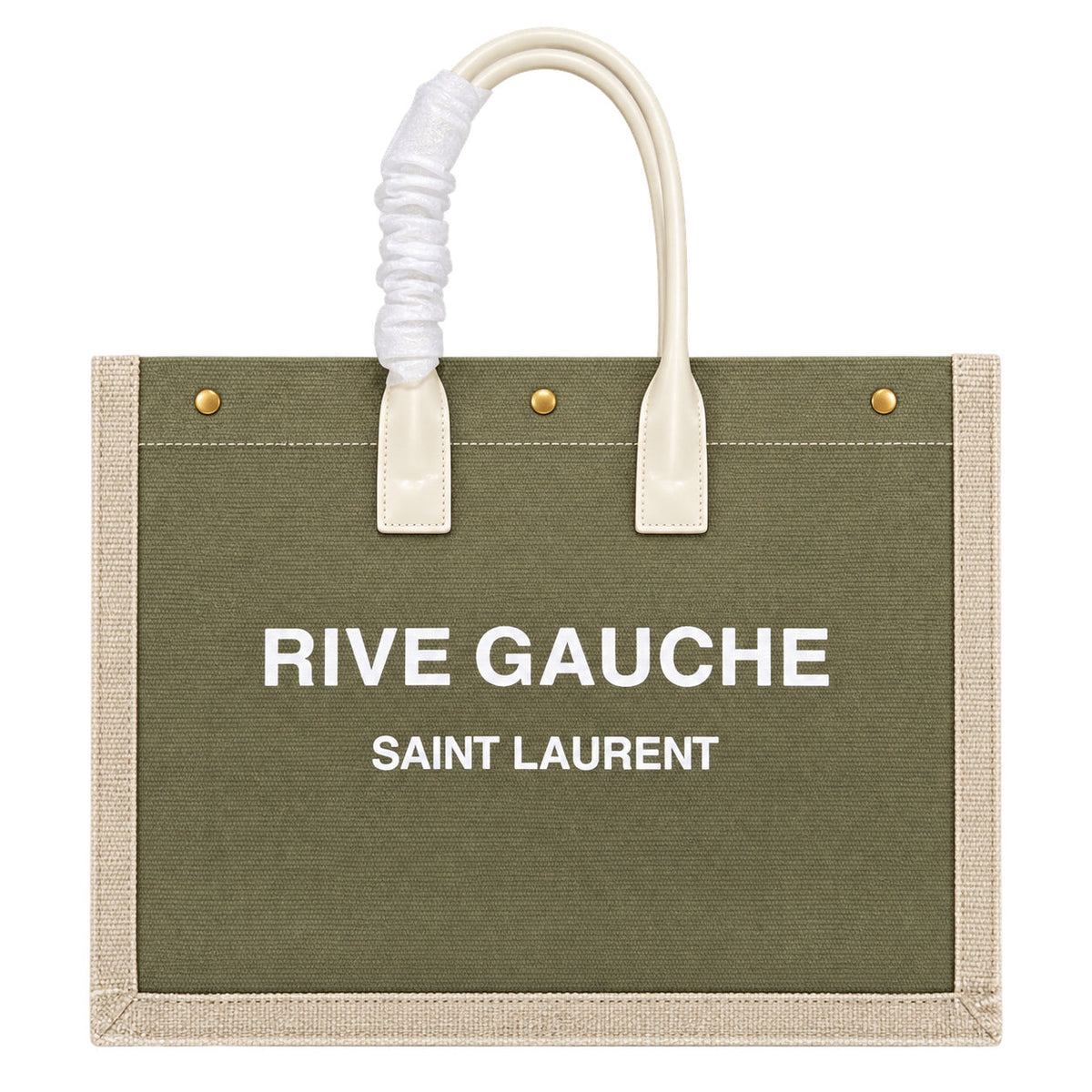 Saint Laurent Rive Gauche Large Tote Bag in Khaki Olive Canvas with Cream Leather Trim Bold White Logo and Antique Gold Stud Details