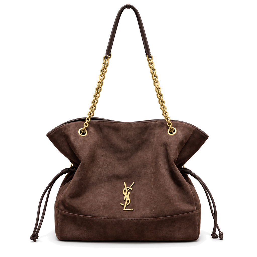 YSL Saint Laurent Jamie Tote Bag in brown suede with gold chain strap and YSL monogram hardware