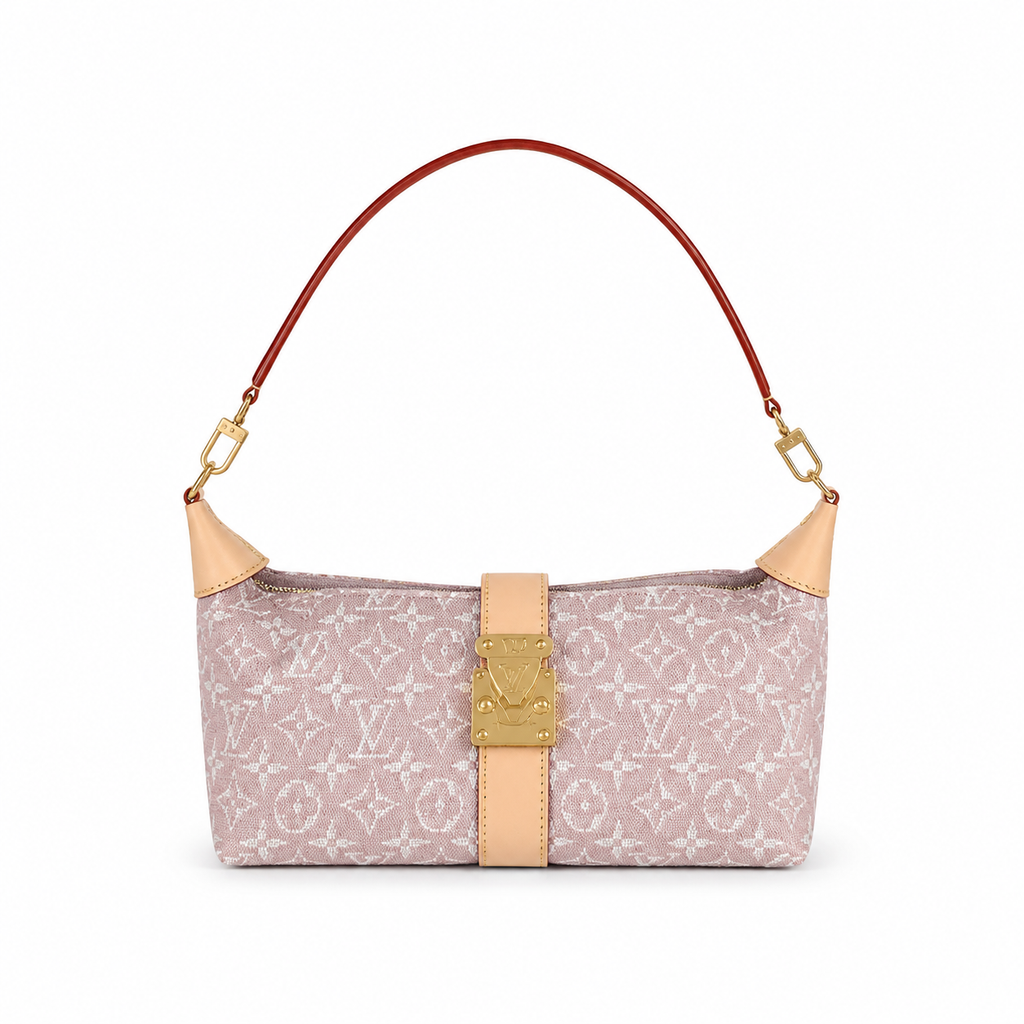 Louis Vuitton Sac Plat Baguette pink Monogram Jacquard shoulder bag with Vachetta leather corners, gold LV clasp and red strap