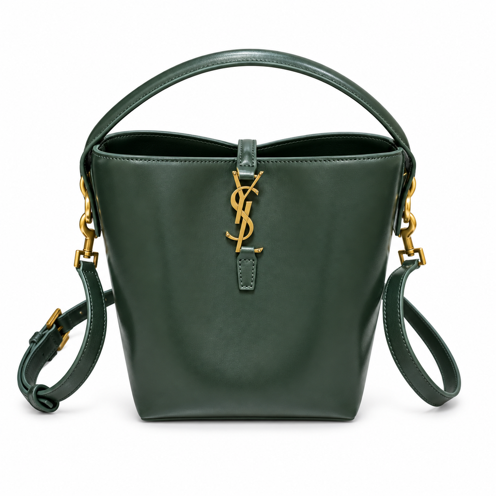 YSL Le 37 Bucket Bag in forest green smooth leather with gold YSL cassandre monogram charm, top loop handle and wide adjustable crossbody strap, front view
