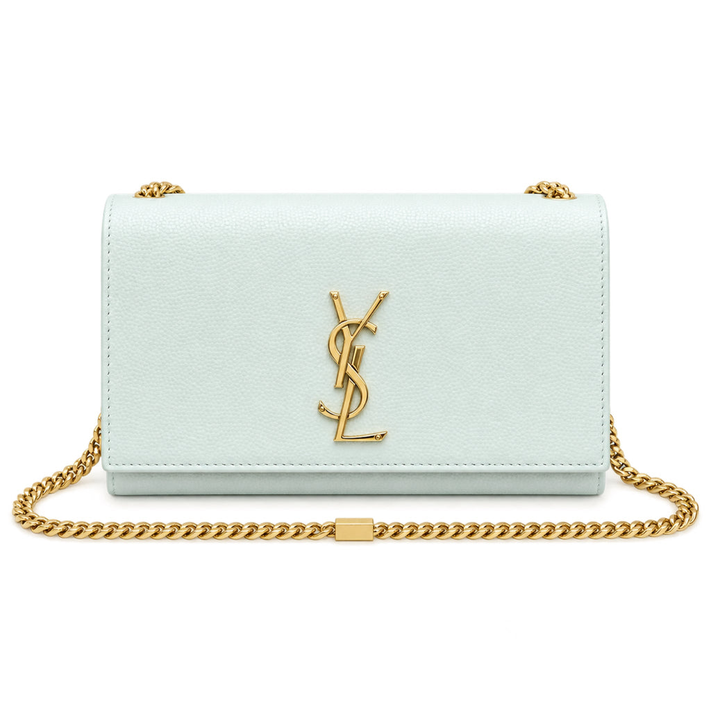 Saint Laurent YSL Kate chain crossbody bag in ice blue smooth calfskin leather with oversized gold YSL monogram and curb chain strap
