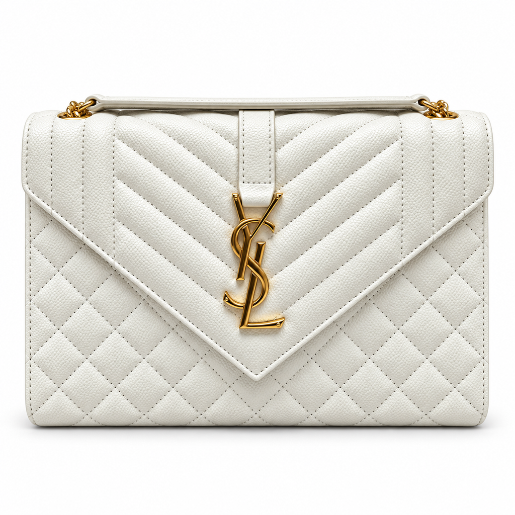 YSL College Quilted Caviar Leather Shoulder Bag White