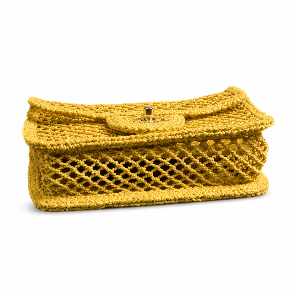 Chanel Sunshine Yellow Open-Weave Crochet Classic Double Flap | Gold CC — 21cm