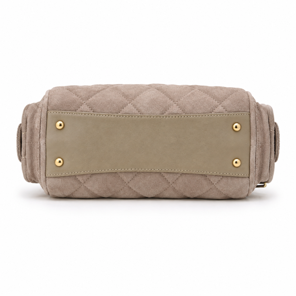 Chanel Warm Taupe Suede Quilted Camera Bag | Full-Length Gold Zipper, Dual Side Pockets & Double Chain