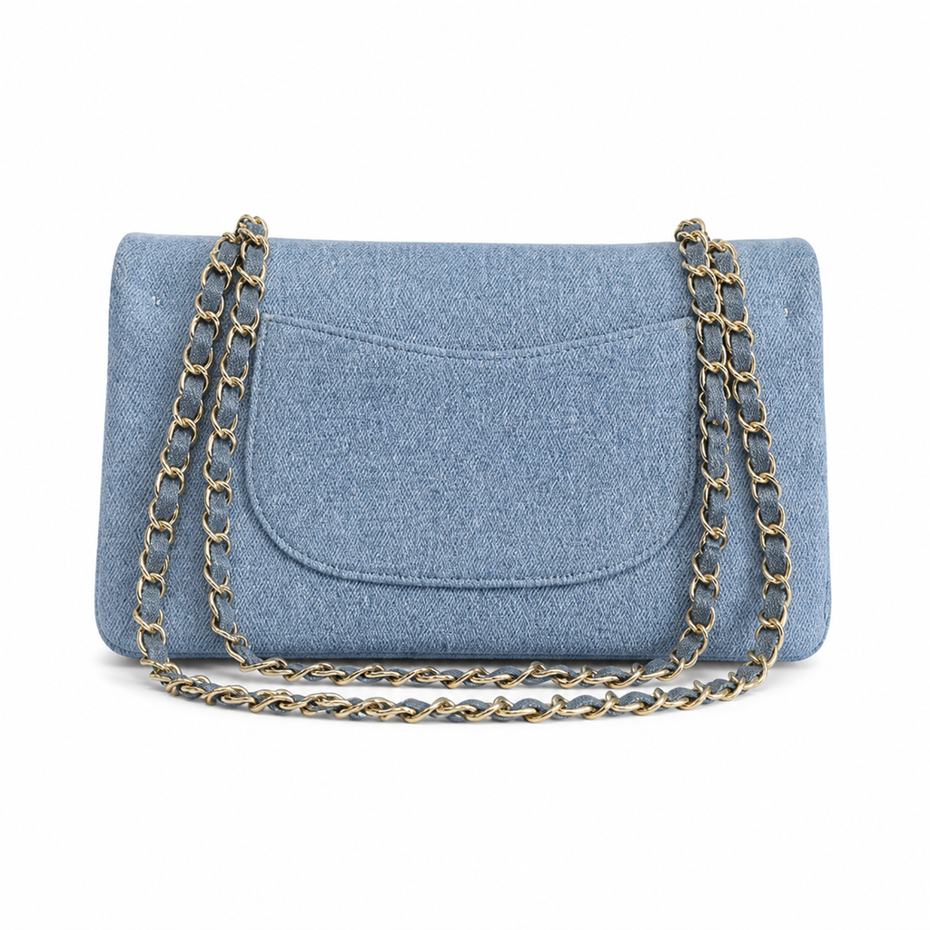 Chanel Light Blue Denim Mini Flap | Hand-Embroidered Crystal Flowers & Gold CC — 25.5cm