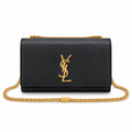 Saint Laurent YSL Kate Small chain crossbody bag in black grained calfskin leather with oversized gold YSL monogram and gold curb chain strap