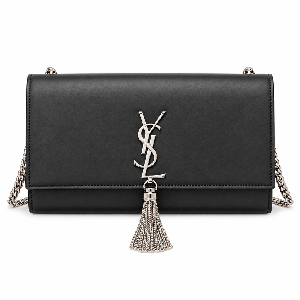 YSL Saint Laurent Kate Chain Bag in Black Smooth Leather with Silver Tassel