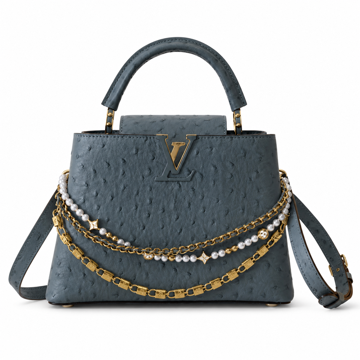 Louis Vuitton Capucines BB Blue Grey Ostrich Leather with Triple Pearl and Gold Chain Embellishment