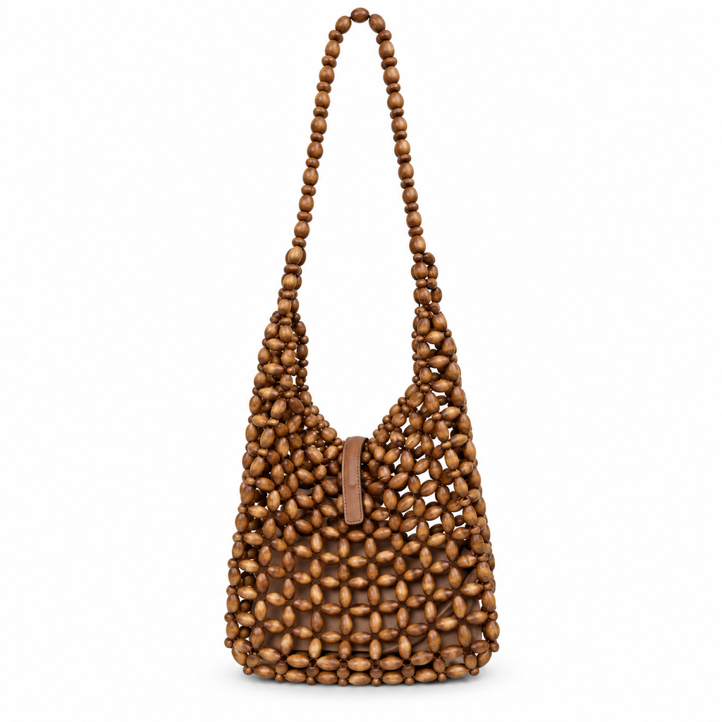 YSL Cassandre Beaded Wood Hobo Shoulder Bag Tan