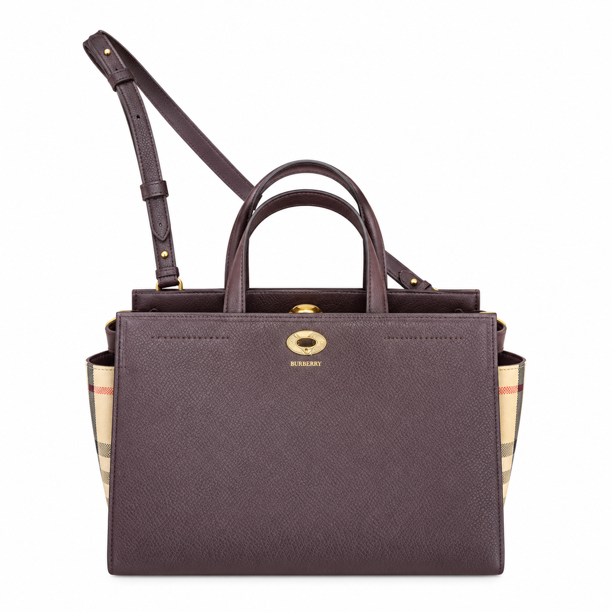Burberry Check-Panel Dark Brown Top Handle Bag